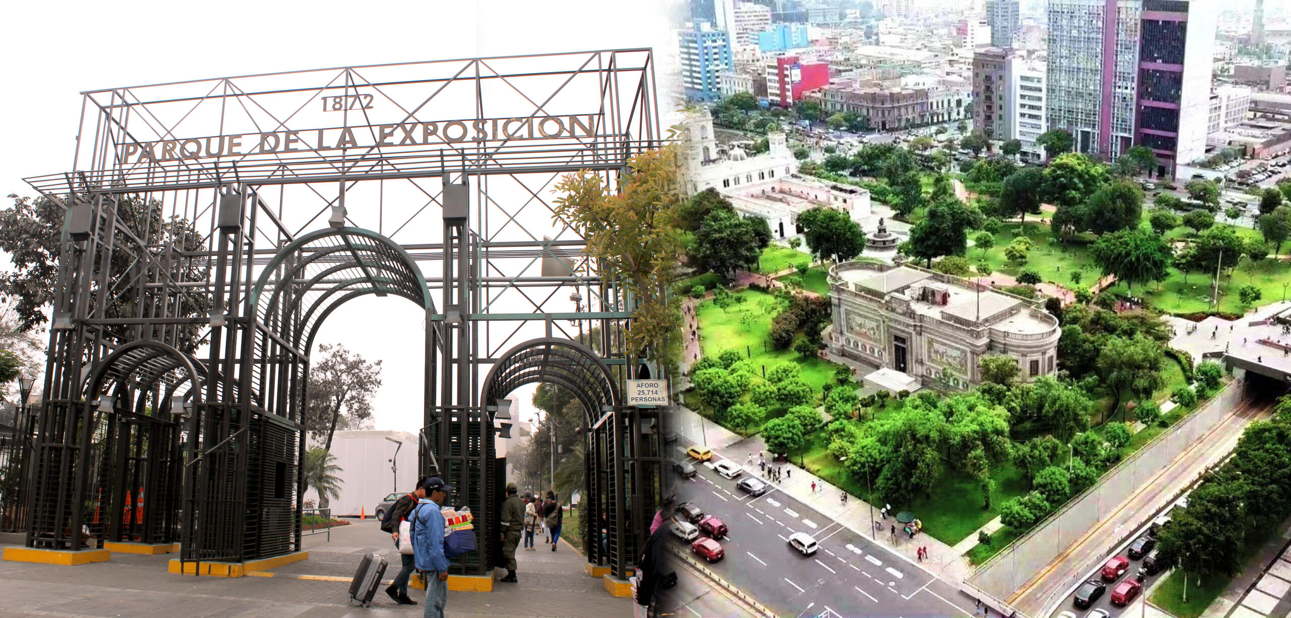 collage de una de las entradas del parque de la exposicion Lima y toma aerea del parque entero
