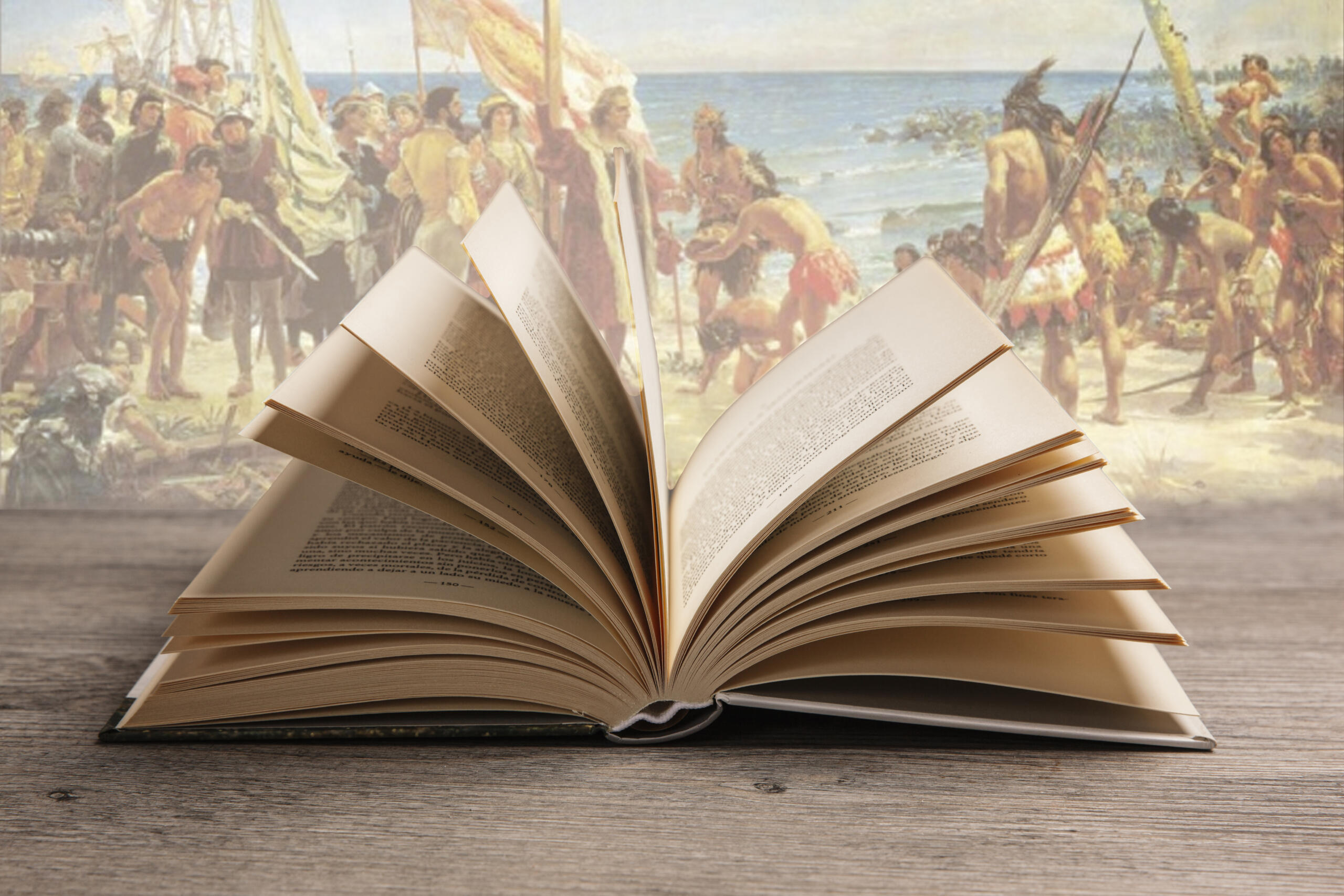 libro con paginas flotando y fondo traslucido de momento de la conquista