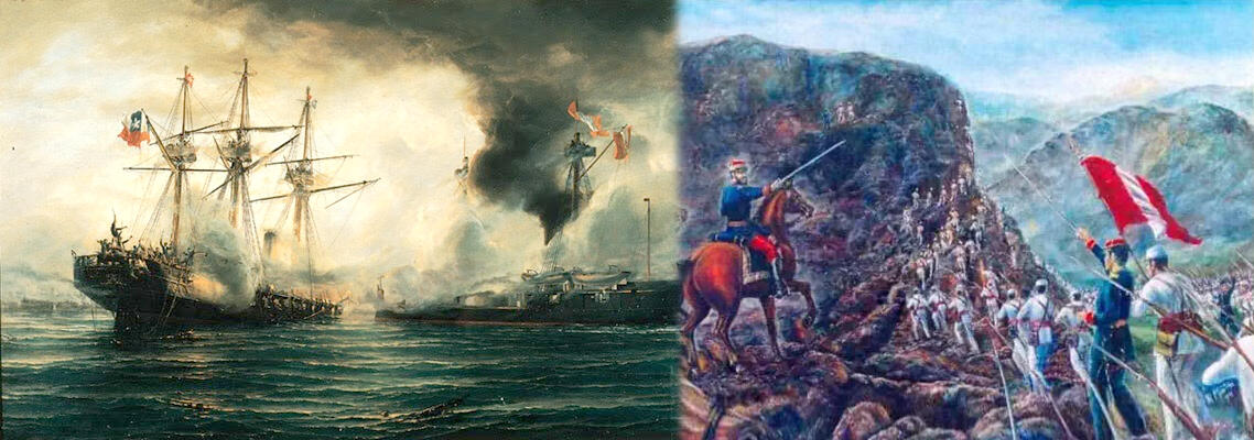 Collage con pintura de la caída del Huáscar junto a pintura de a llegada chilena a territorio peruano