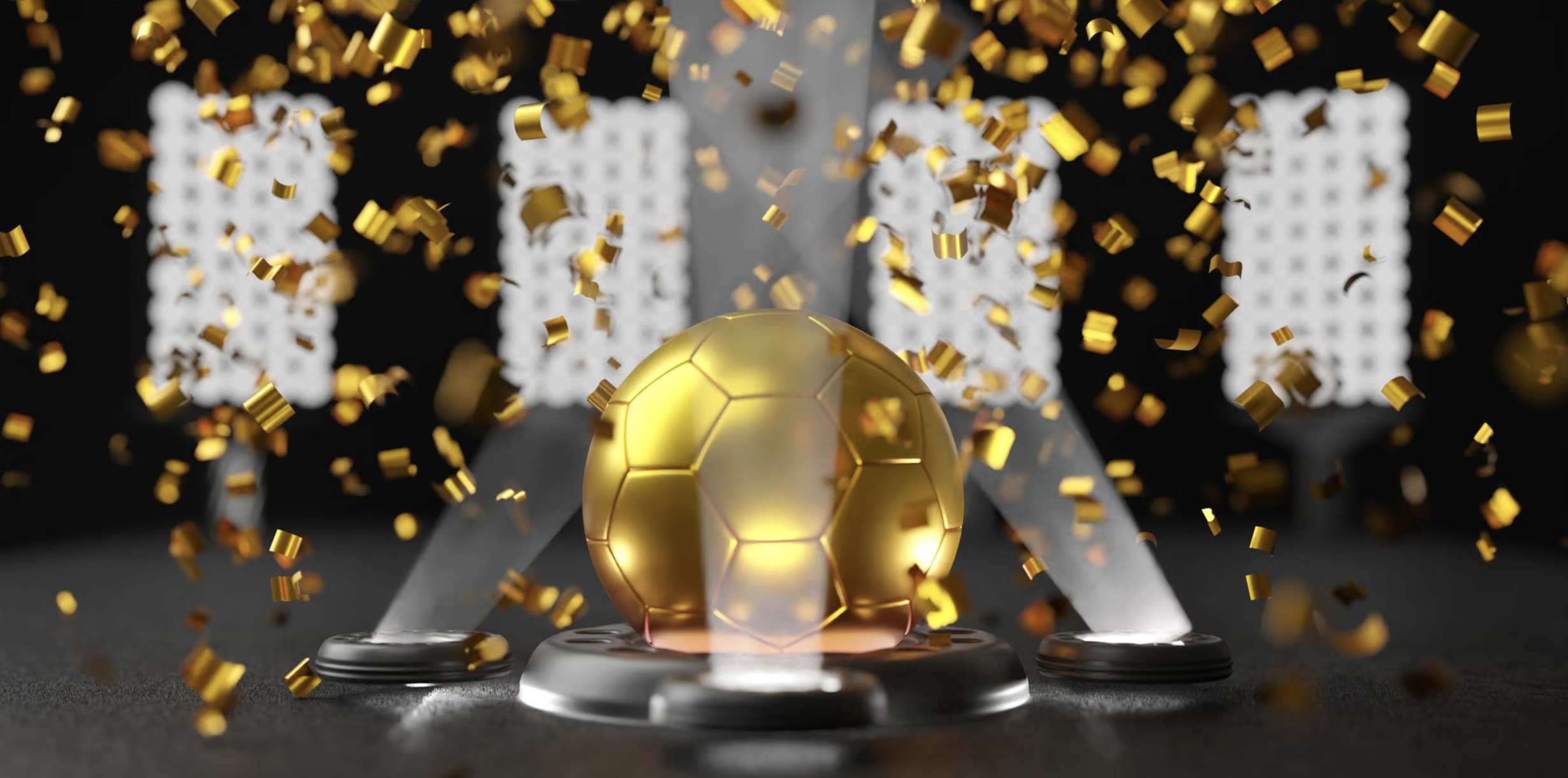 pelota de fútbol de oro y confetti alrededor