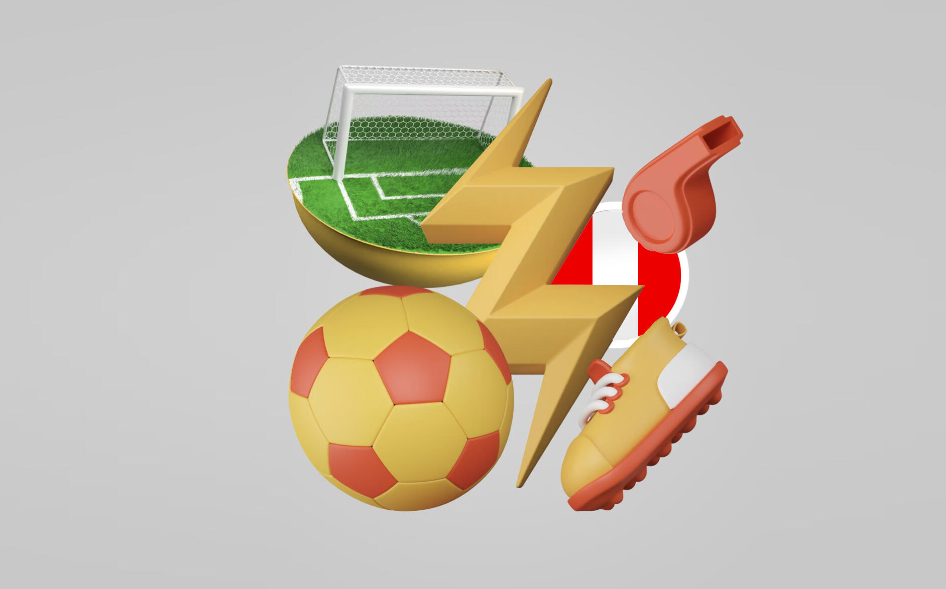 ilustracion de iconitos representativos de futbol: arco, pelota, zapatilla, silbato y un rayo
