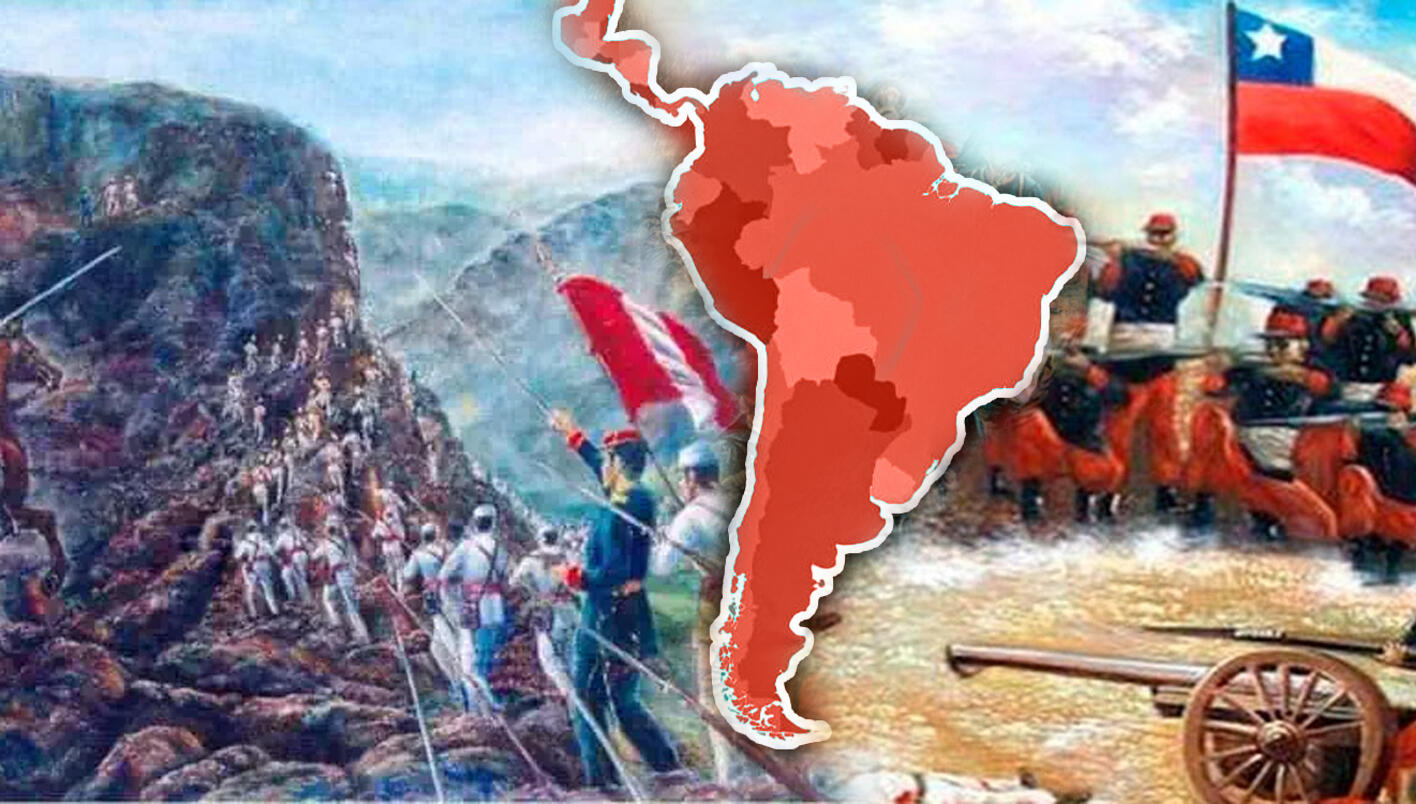 collage de ambos lados de la guerra peru y chile separados por el mapa de sudamérica