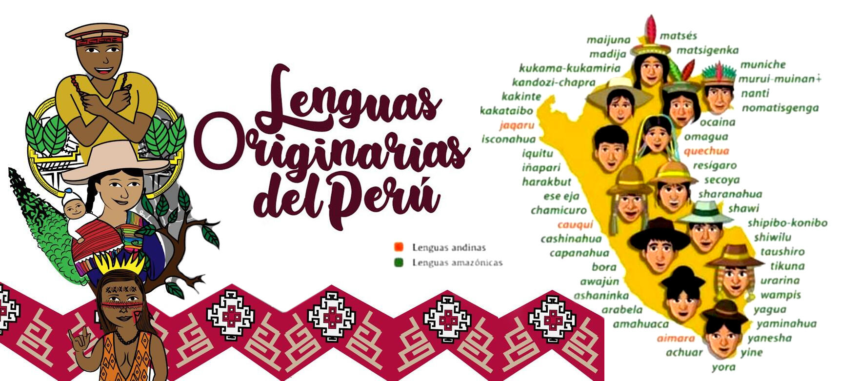 infografia con ilustraciones de las etnias peruanas y la lista de lenguas originarias en el mapa del Perú