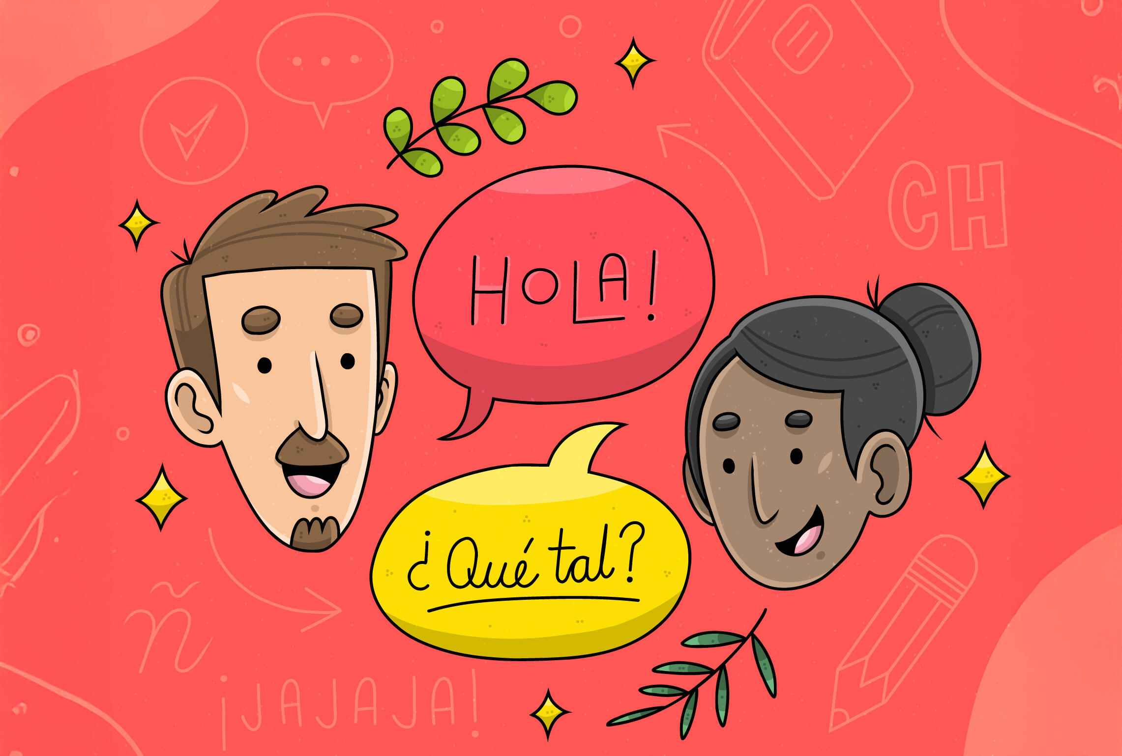 ilustración de rostro de hombre y mujer con globos de conversación: "Hola" y "¿qué tal?"