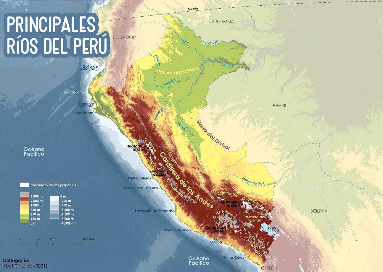 Mapa hídrico del peru con los principales ríos resaltados en celeste