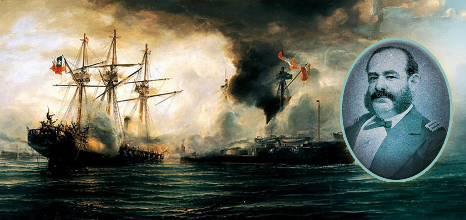 pintura de la caida del Huascar con foto de Miguel Grau en un Óvalo al lado derecho