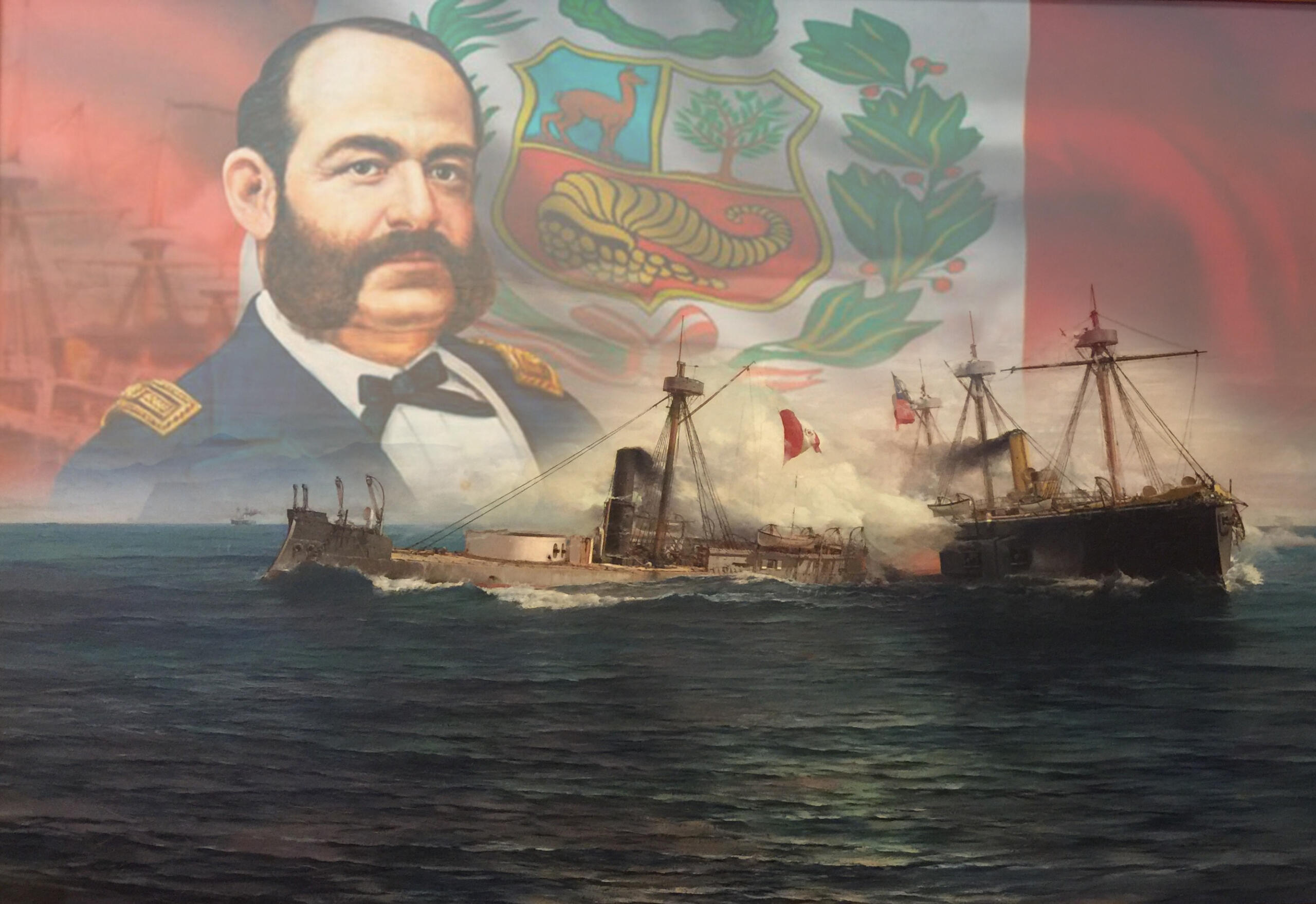 collage de Miguel Grau junto a la bandera del Perú e imagen del Huascar hundiéndose
