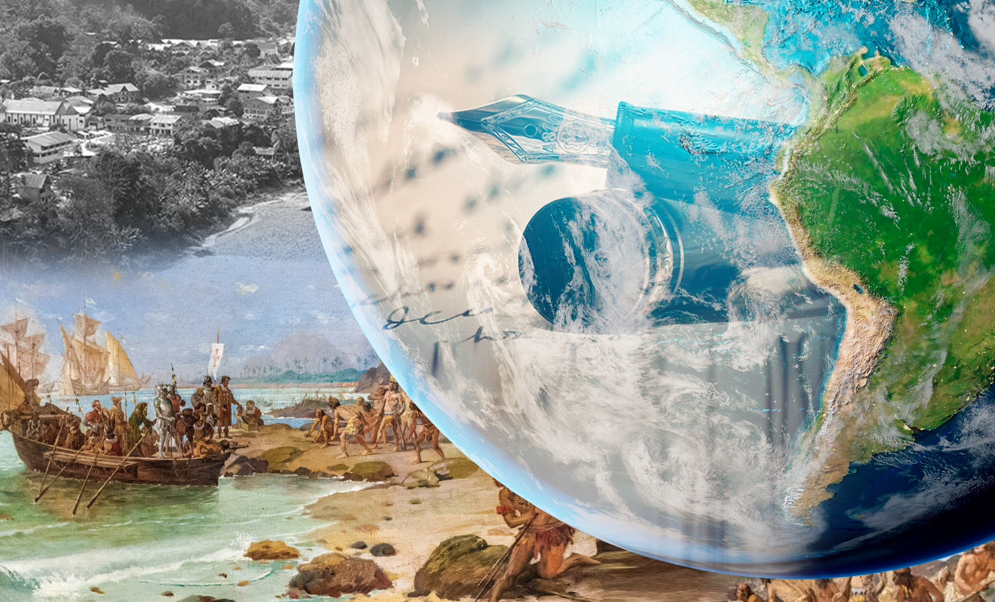 collage de mundo con vista de peru, una pluma e imagenes de colonizacion europea de fondo