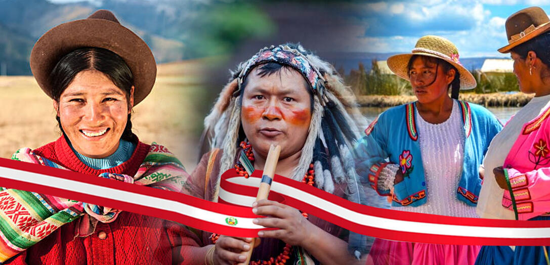 collage de pobladores peruanos de las diferentes regiones unidos por un cintillo con los colores de la bander