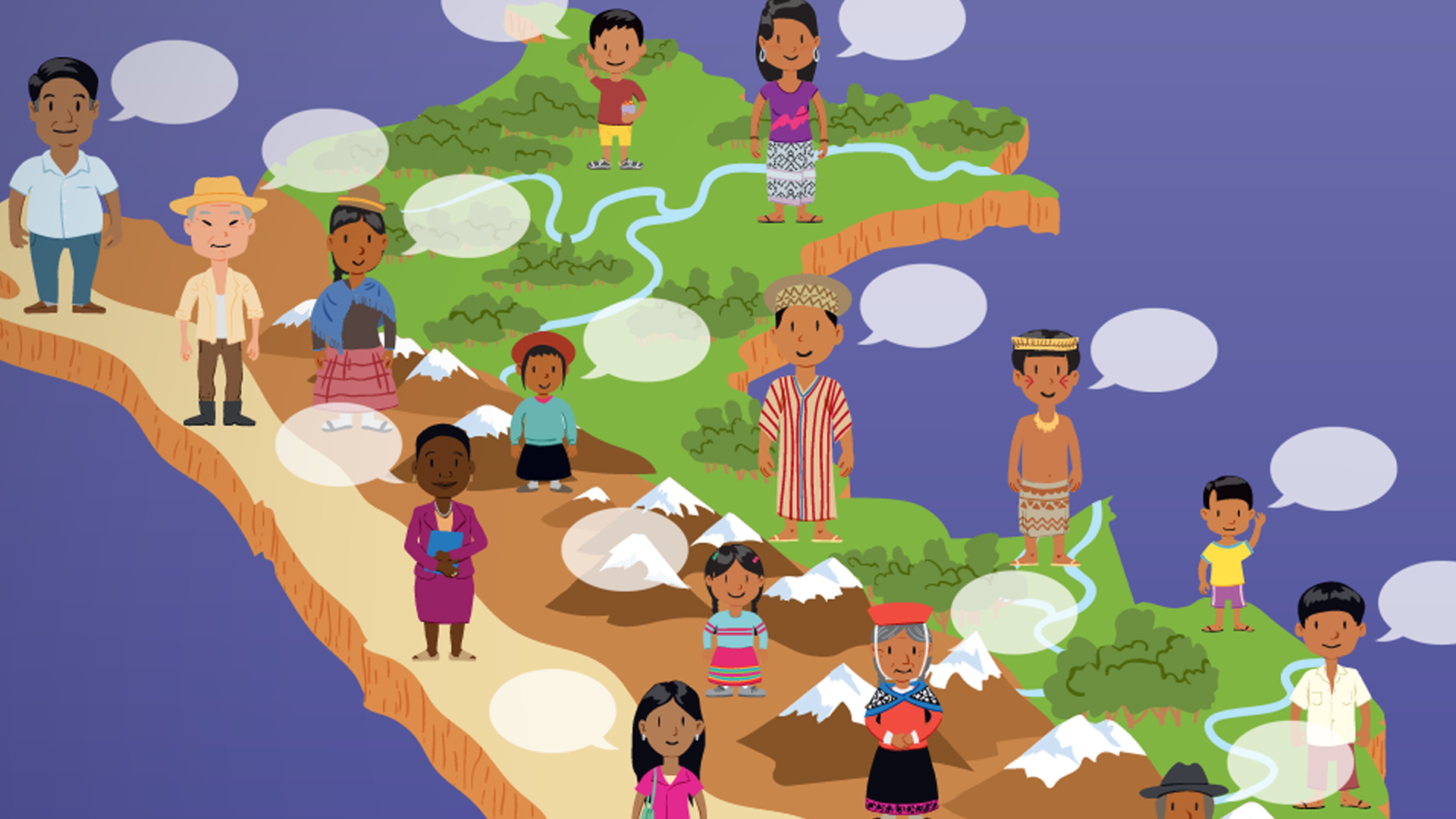 ilustración de mapa del perú con personitas de diferentes comunidades y culturas sobre las diferentes regiones
