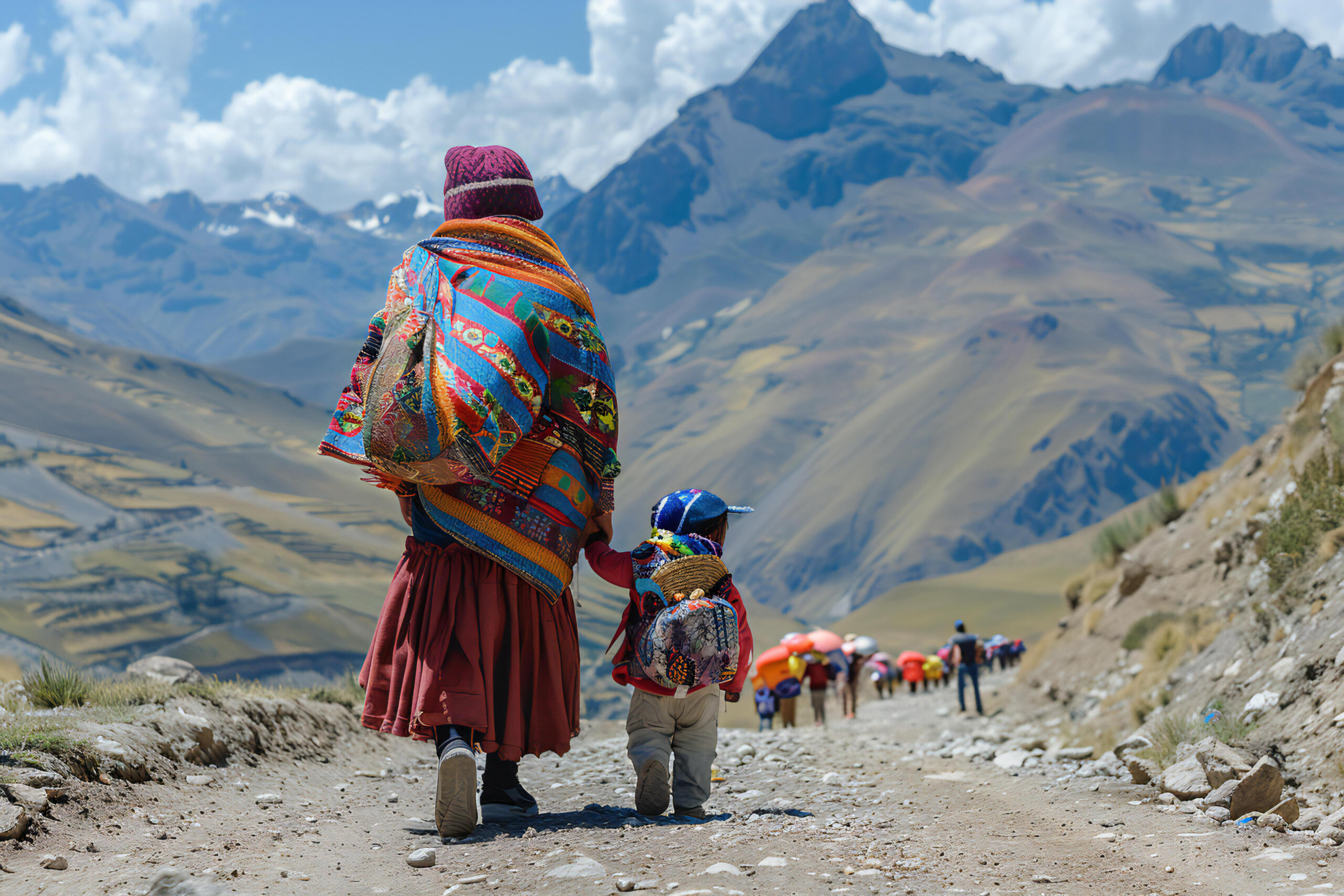 mujer de la sierra peruana junto a un niñito pequeño caminando entre las montañas de espaldas a la cámara