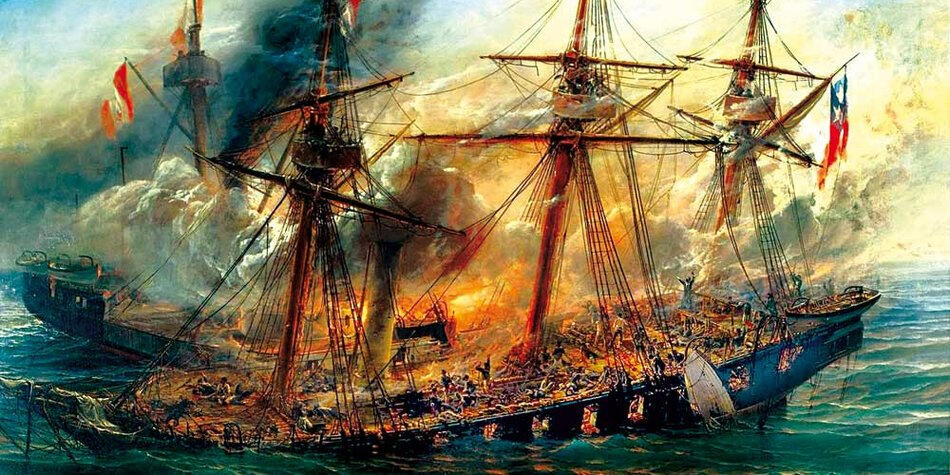 Pintura del Huáscar derrotando un buque de la armada chilena en llamas