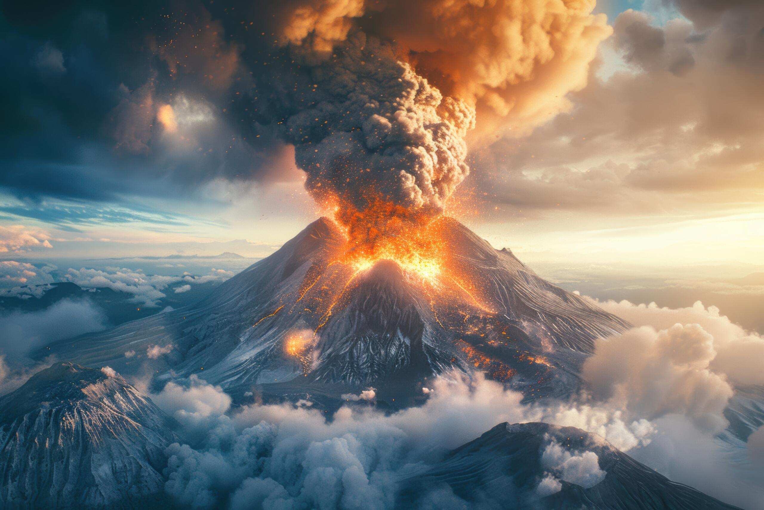 vista de la cima de un volcán en erupción con lava brillando en su interiro y un humo denso en el cielo