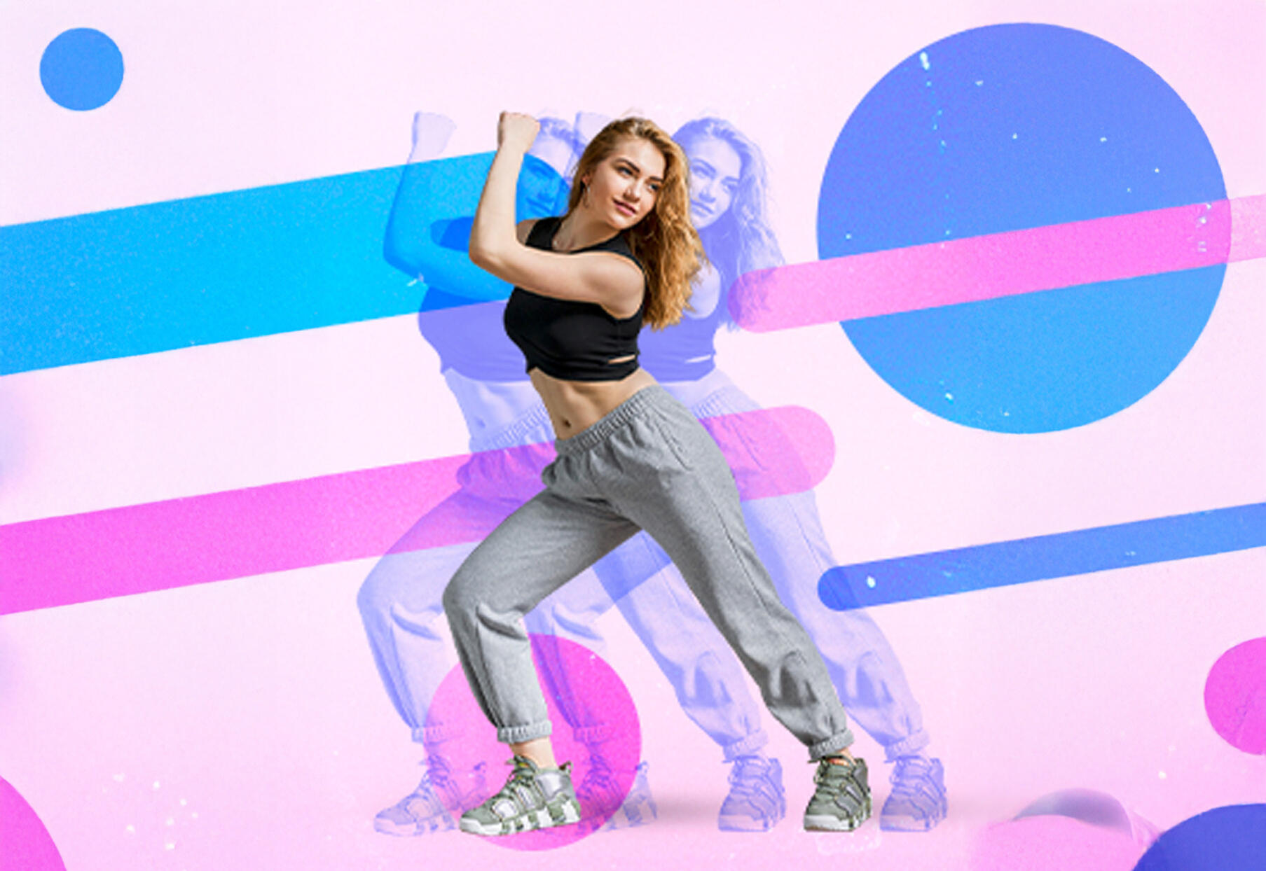 chica bailando con un efecto de movimiento de su reflejo y formas dinámicas alrededor de colores pasteles