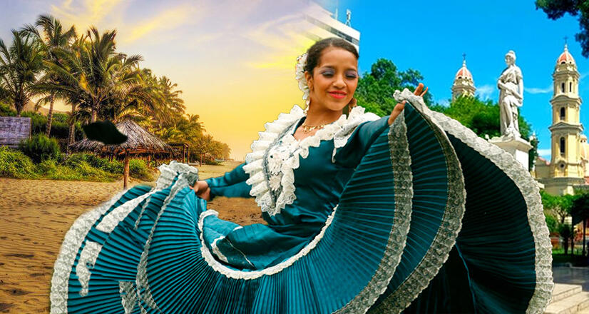 Collage con bailarina de marinera norteña y fondos referenciales de Piura