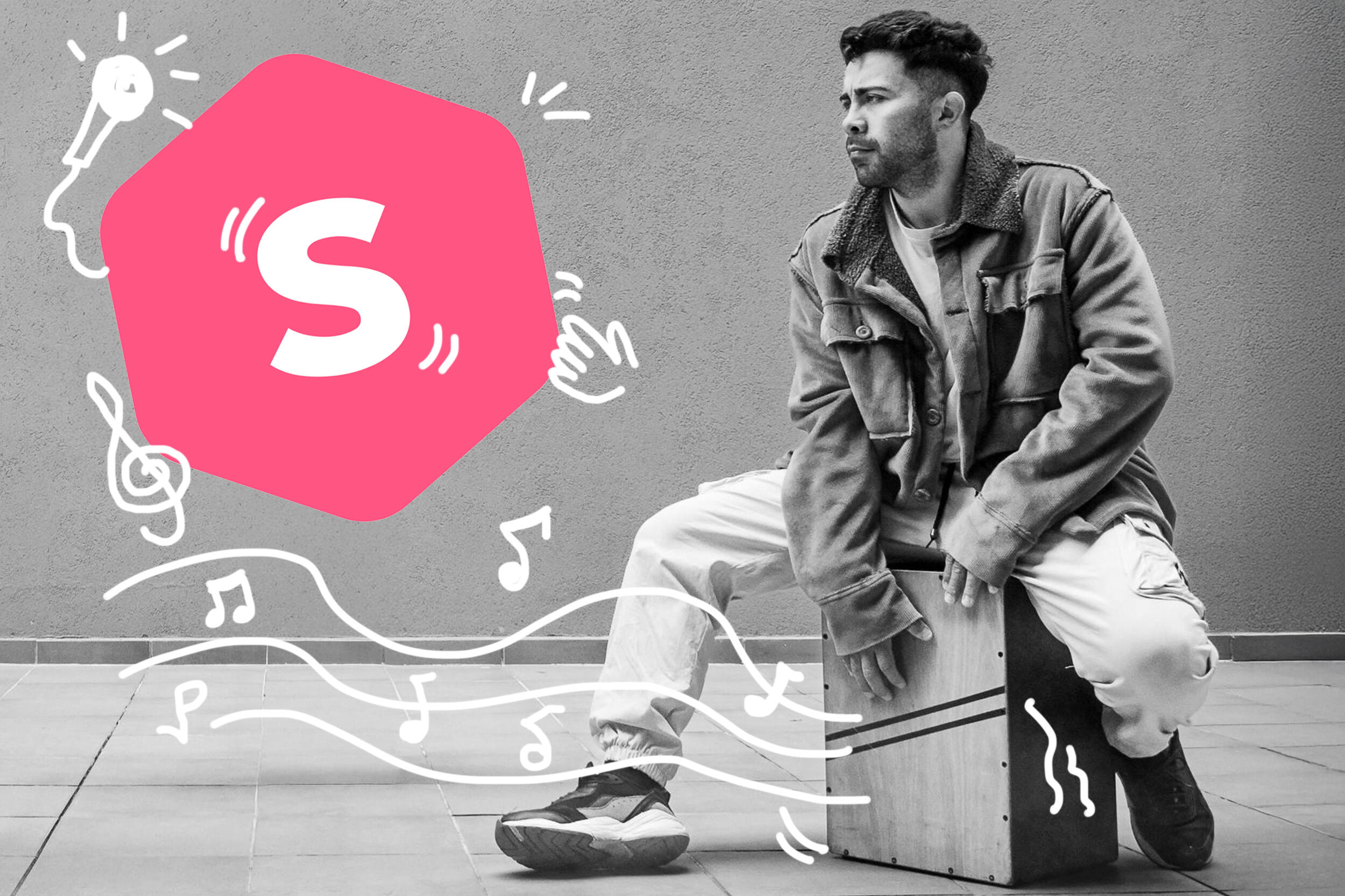 chico tocando cajón en blanco y negro con el logo de superprof a color con iconitos representativos de música