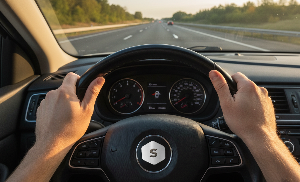 dos manos sobre un timon que lleva grabado el logo de superprof en medio y el horizonte de una carretera