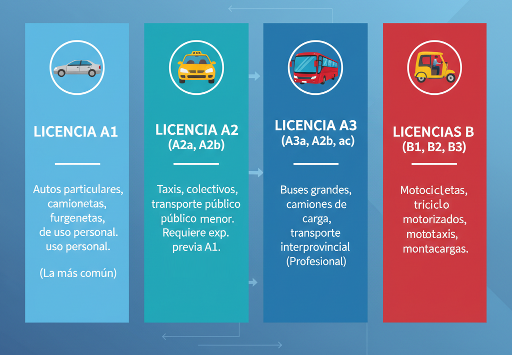 infografía de las cuatro categorías de licencias de conducir que existen en Perú