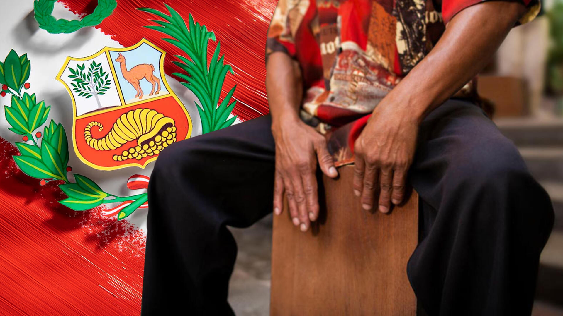 persona tocando el cajon con la bandera del peru de fondo