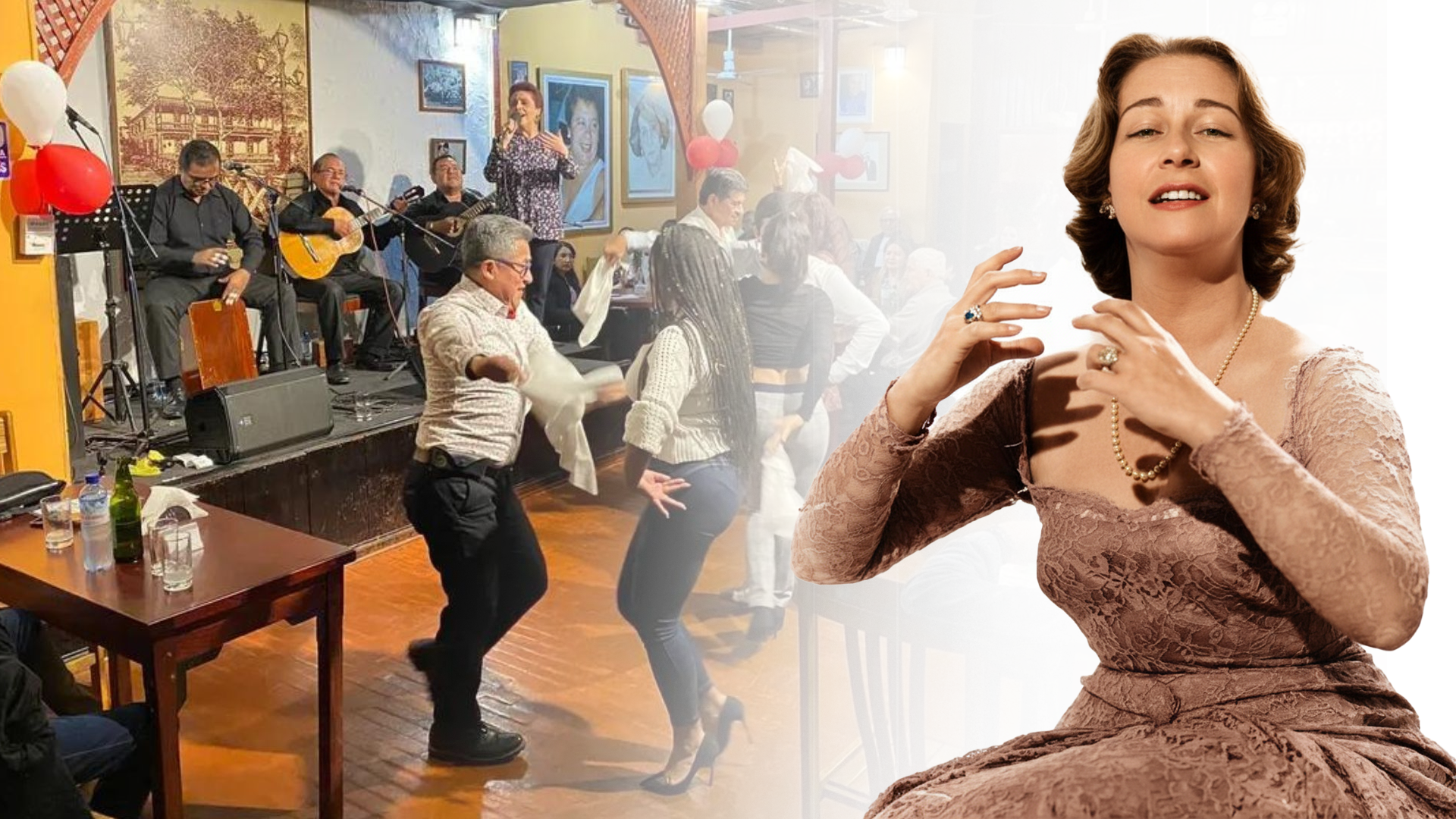 collage imagen de chabuca granda con la vista de una peña criolla de fondo