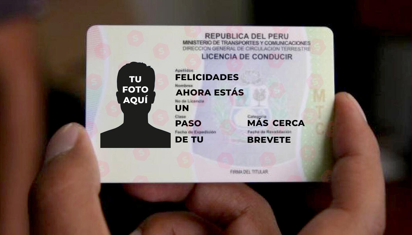 toma detalle de un brevete de Perú con el mensaje FELICIDADES AHORA ESTÁS UN PASO MÁS CERCA DE TU BREVETE