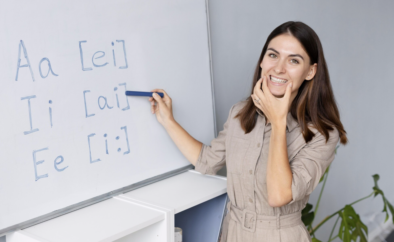 maestra mostrando como es la pronunciación de las vocales en inglés y versión escrita de su pronunciación.