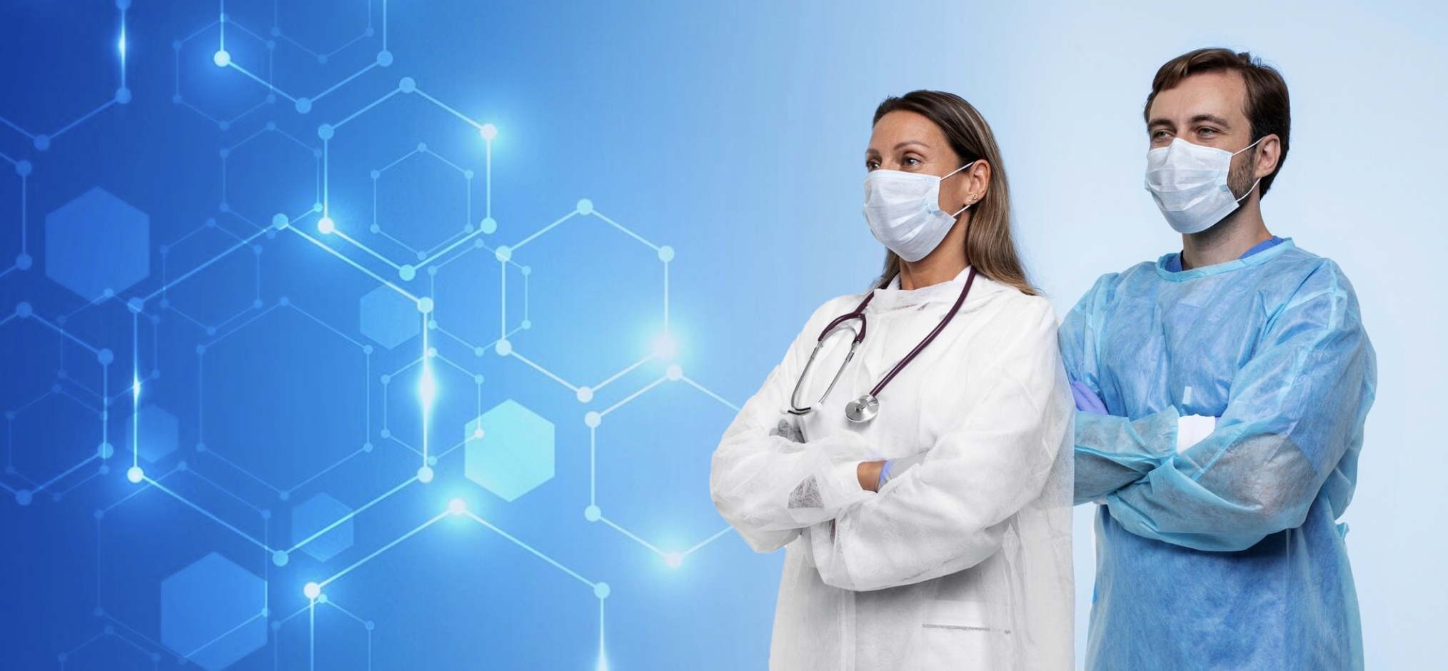 un médico varón y otra mujer ambos con cuerpo de lado y brazos cruzados mirando hacia la izquierda con un fondo moderno de ciencias color azul