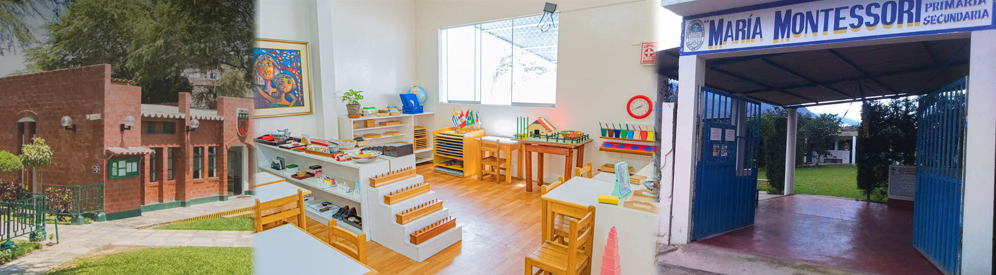 collage de fachadas de colegios Montessori en Perú con un aula ambientada con este metodo de enseñanza