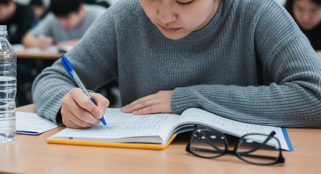 toma detalle de alumna rindiendo un folio de examen de admision en su carpeta