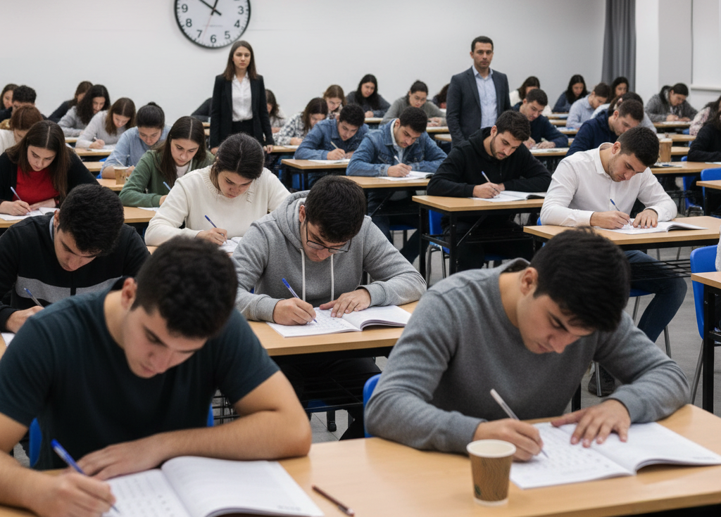 salon lleno de alumnos rindiendo un examen de admision con supervisores