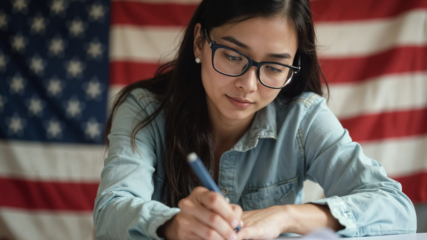 chica escribiendo con fondo de la bandera estadounidense