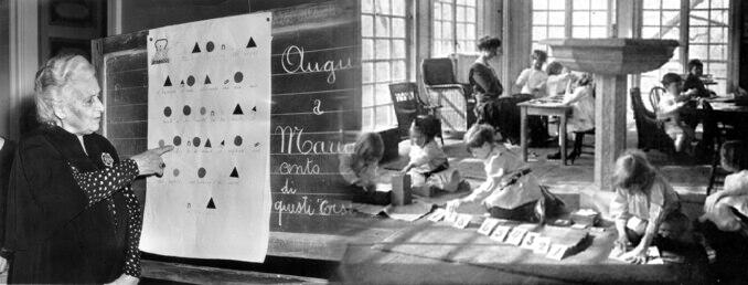 fotos de época de Maria Montessori dando lecciones con su método y aula con niños aprendiendo con este