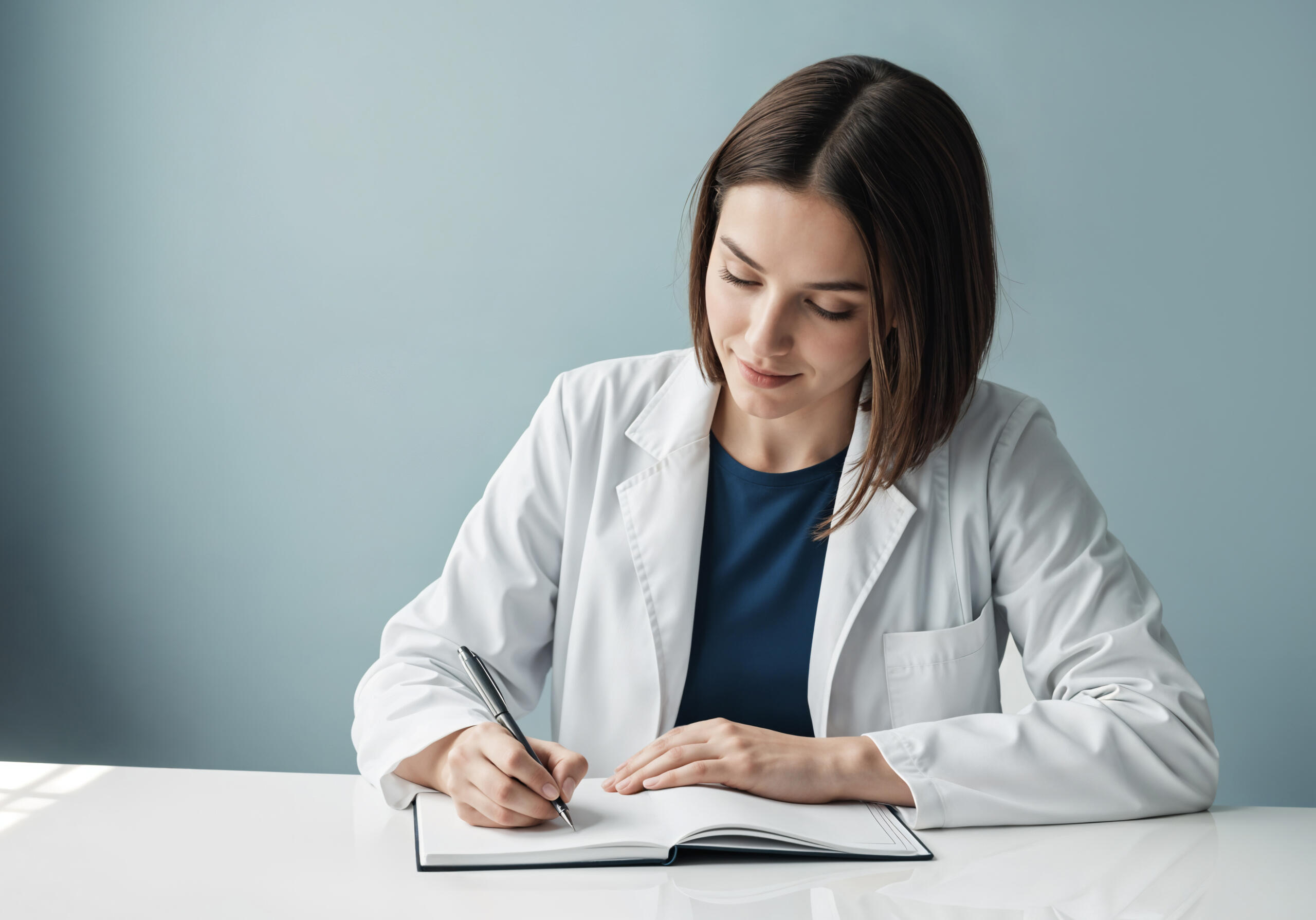 doctora con una sonrisa ligera escribiendo en un cuaderno