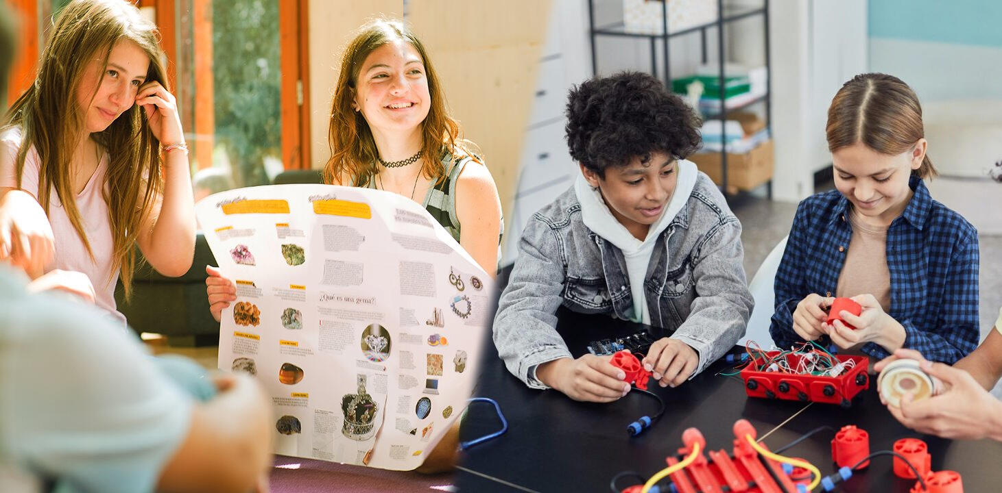 collage de fotos de dos diferentes grupos de estudiantes: niños de primaria haciendo una actividad de armado y adolescentes en un circulo con papelografos riendo