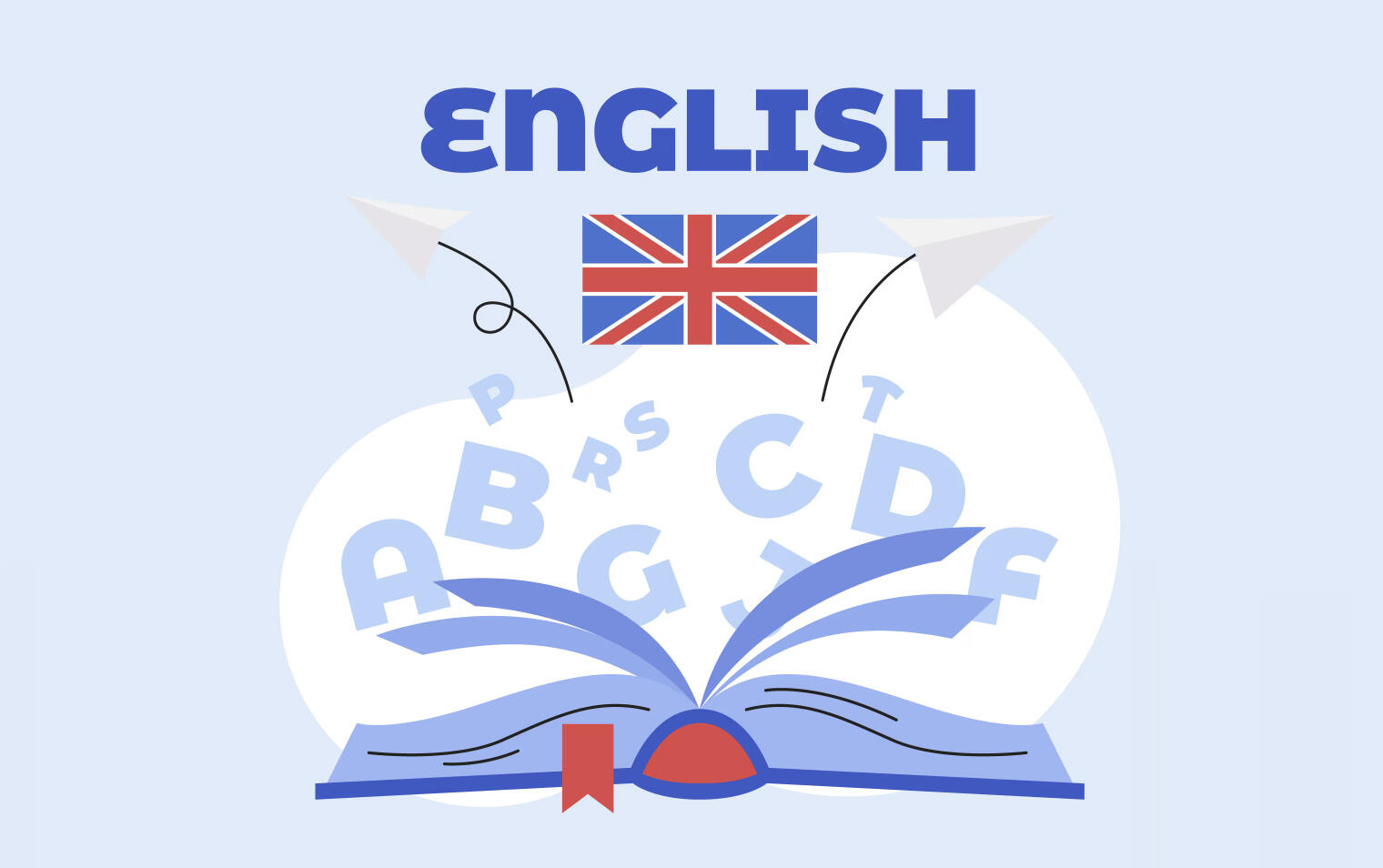 ilustracion de un libro abierto con letras flotando alrededor y páginas volando con el texto ENGLISH con una bandera de Gran Bretaña