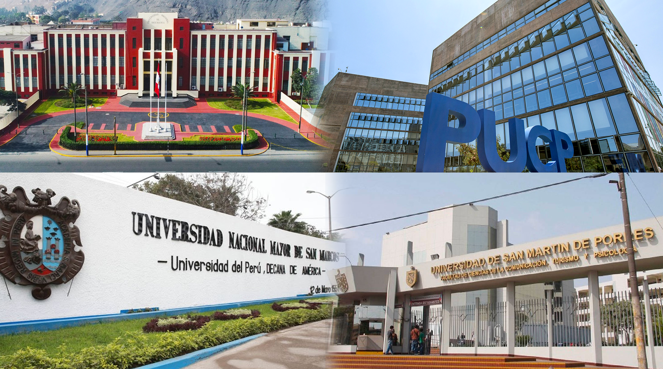 collage de la fachada de las universidades: UNI, UNMSM, PUCP y USMP