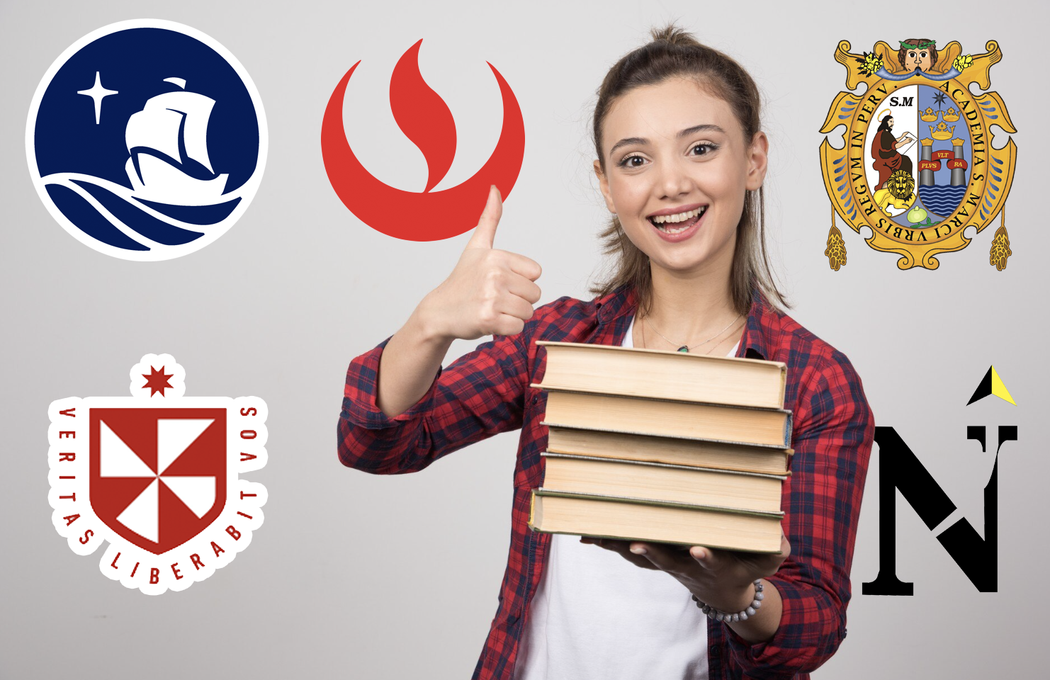 chica sonriente con libros en mano y mostrando la mano en señal de todo bien con logos de cinco universidades alrededor de ella