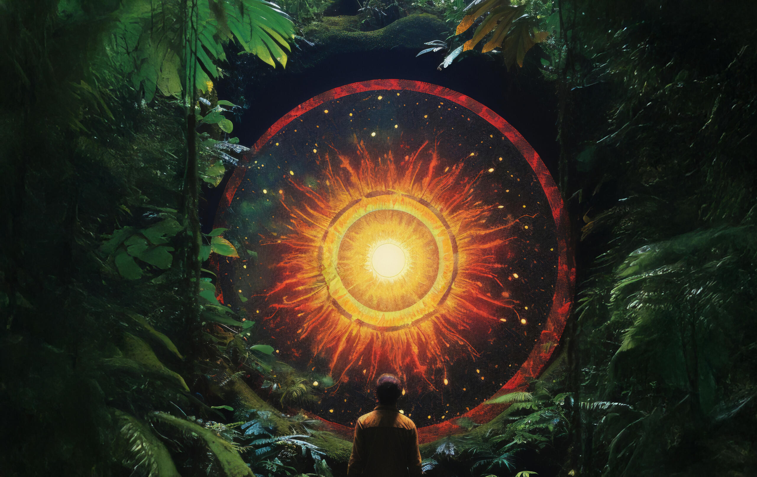 collage de la selva con una llama incandecente en medio del bosque