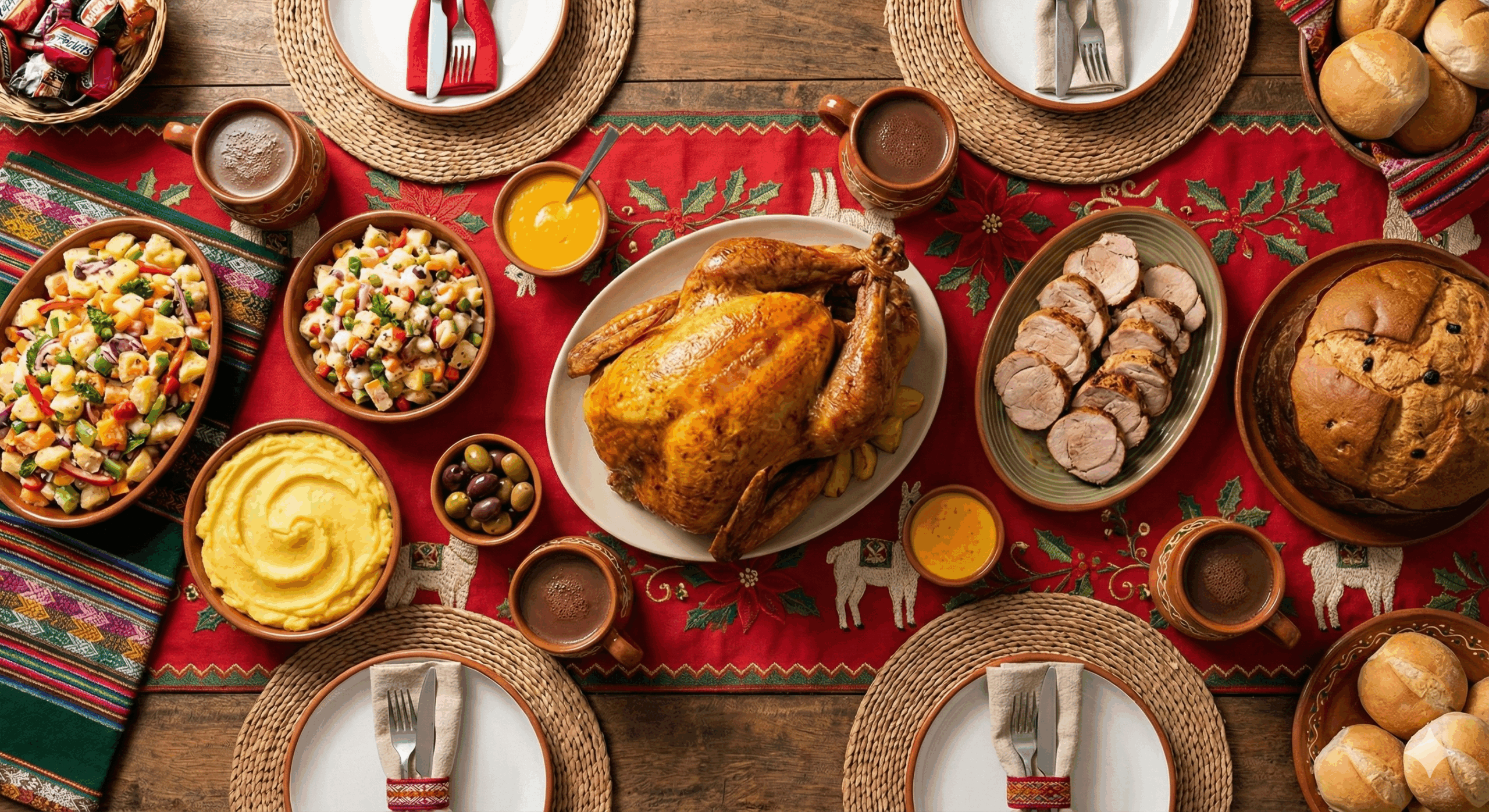 Mesa navideña peruana con todos los platos de navidad