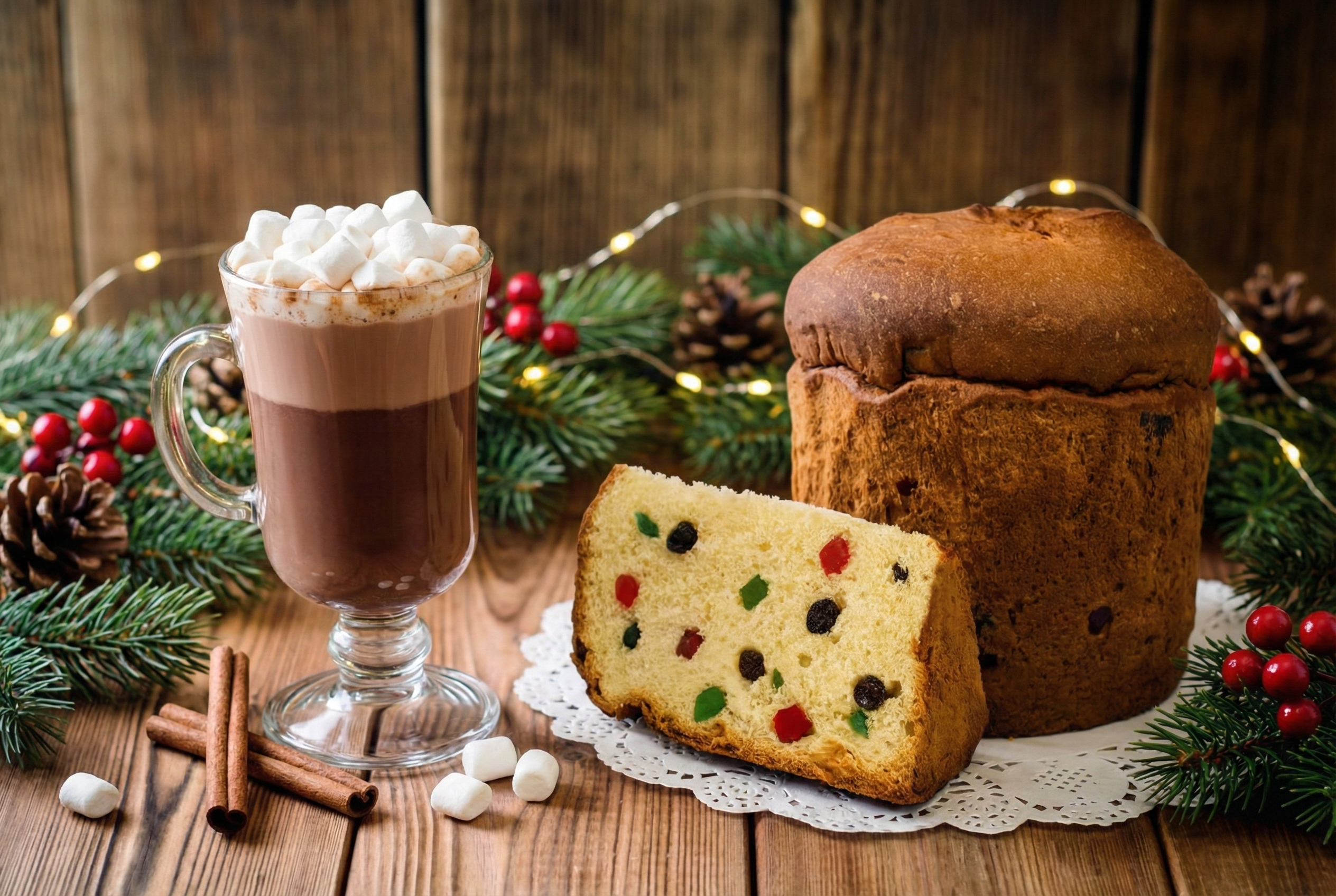 imagen de un panetón en molde junto a su rodaja y una taza de chocolate caliente con marshmellows