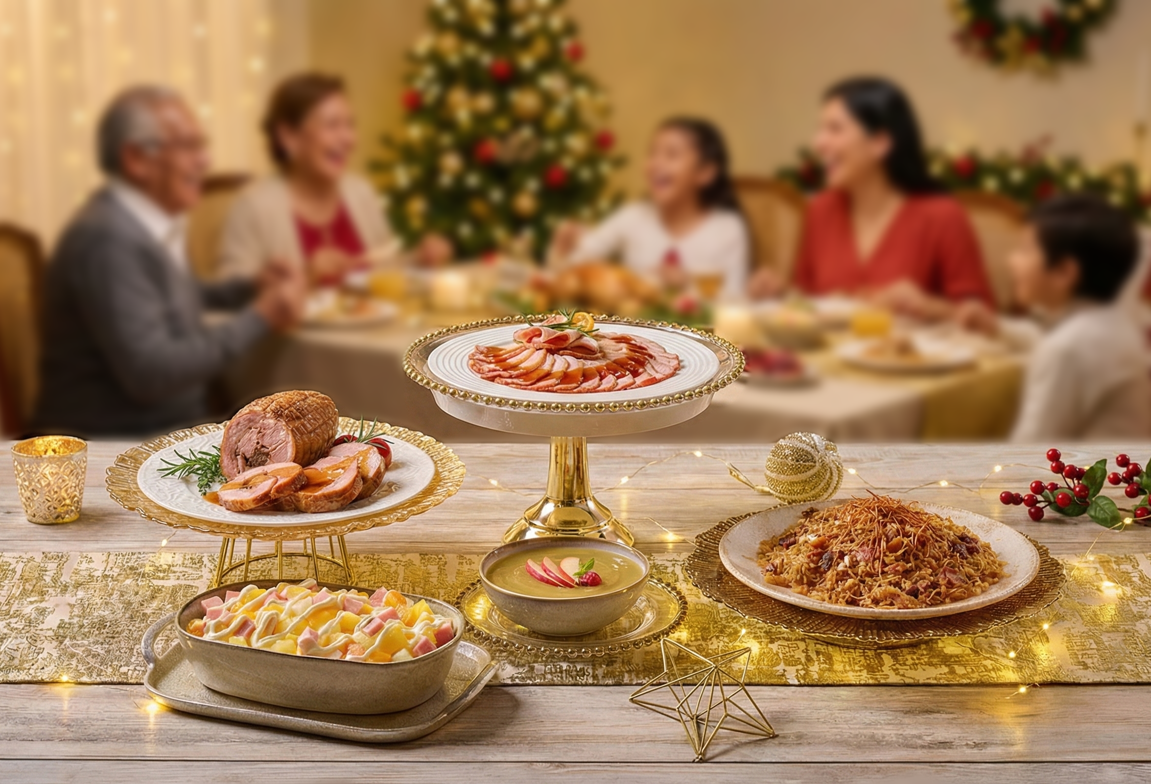 toma de cena navideña en primer plano con familia en el fondo desenfocado