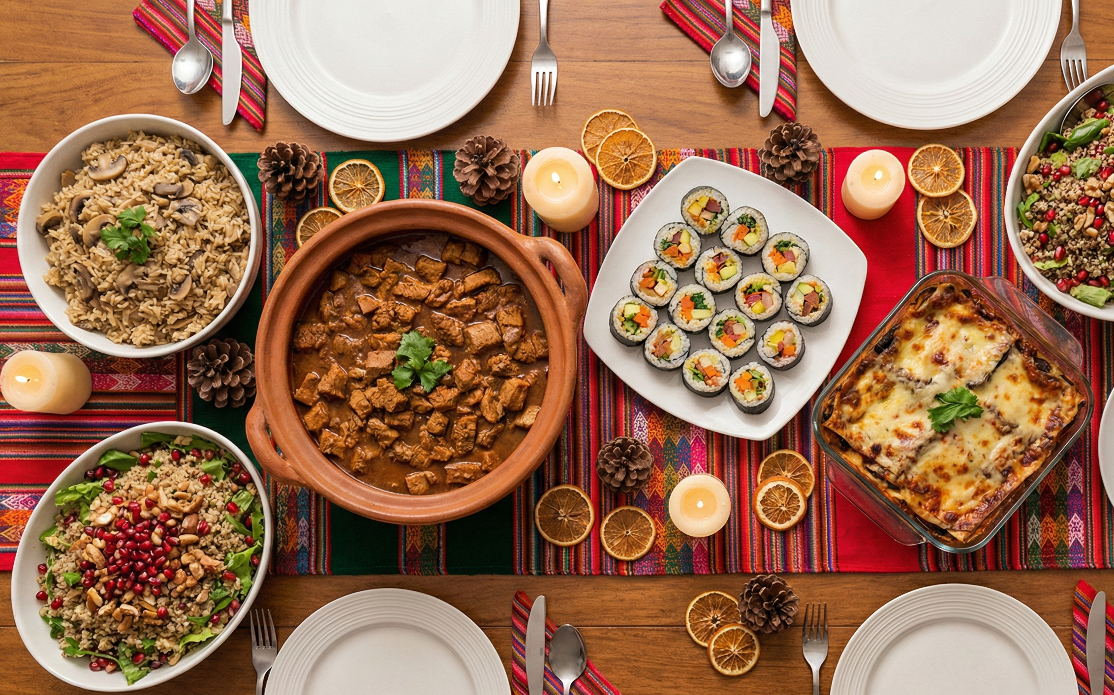 toma cenital de varios platos veganos en una mesa de cena navideña
