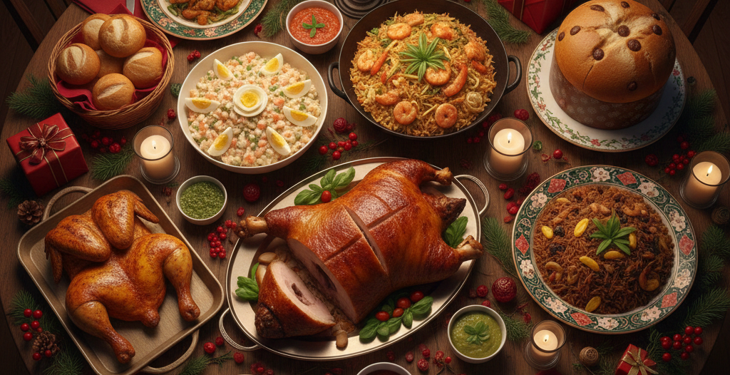 vista cenital con mesa navideña con platillos de una cena navideña en Perú