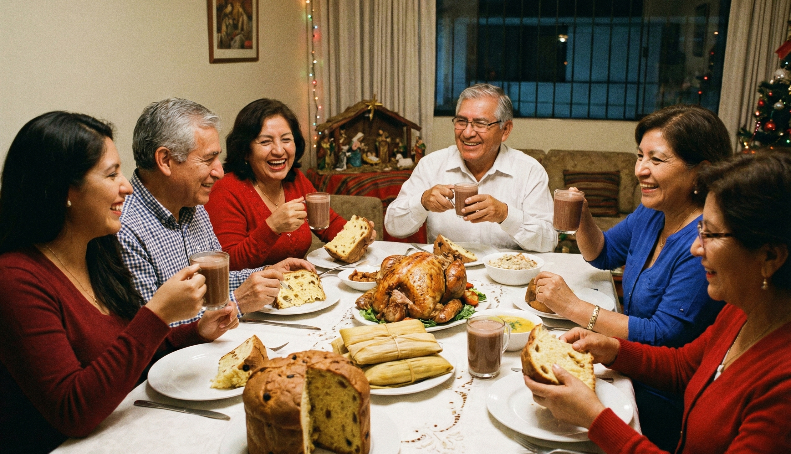 toma de familia peruana reunida en la mesa de casa con su cena navideña y tomando sus tazas de chocolate caliente con panetón