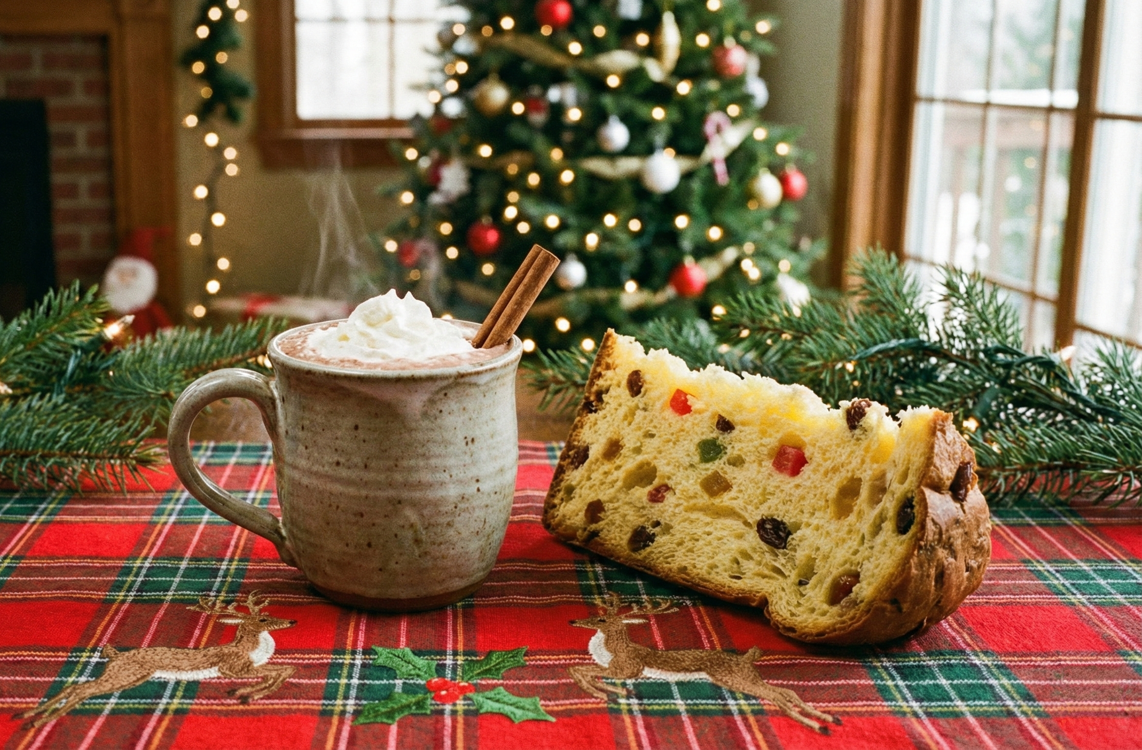 taza de chocolate caliente peruano junto a un trazo de panetón sobre una mesa con mantel navideño