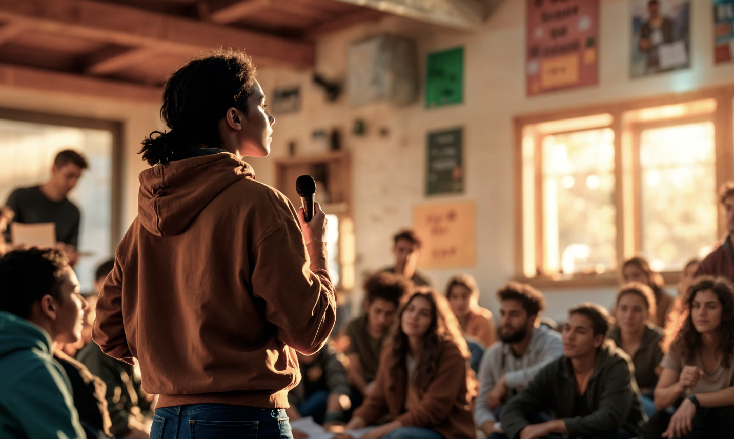chica de espaldas a la cámara sosteniendo un micrófono hablándole a un grupo de jóvenes universitarios