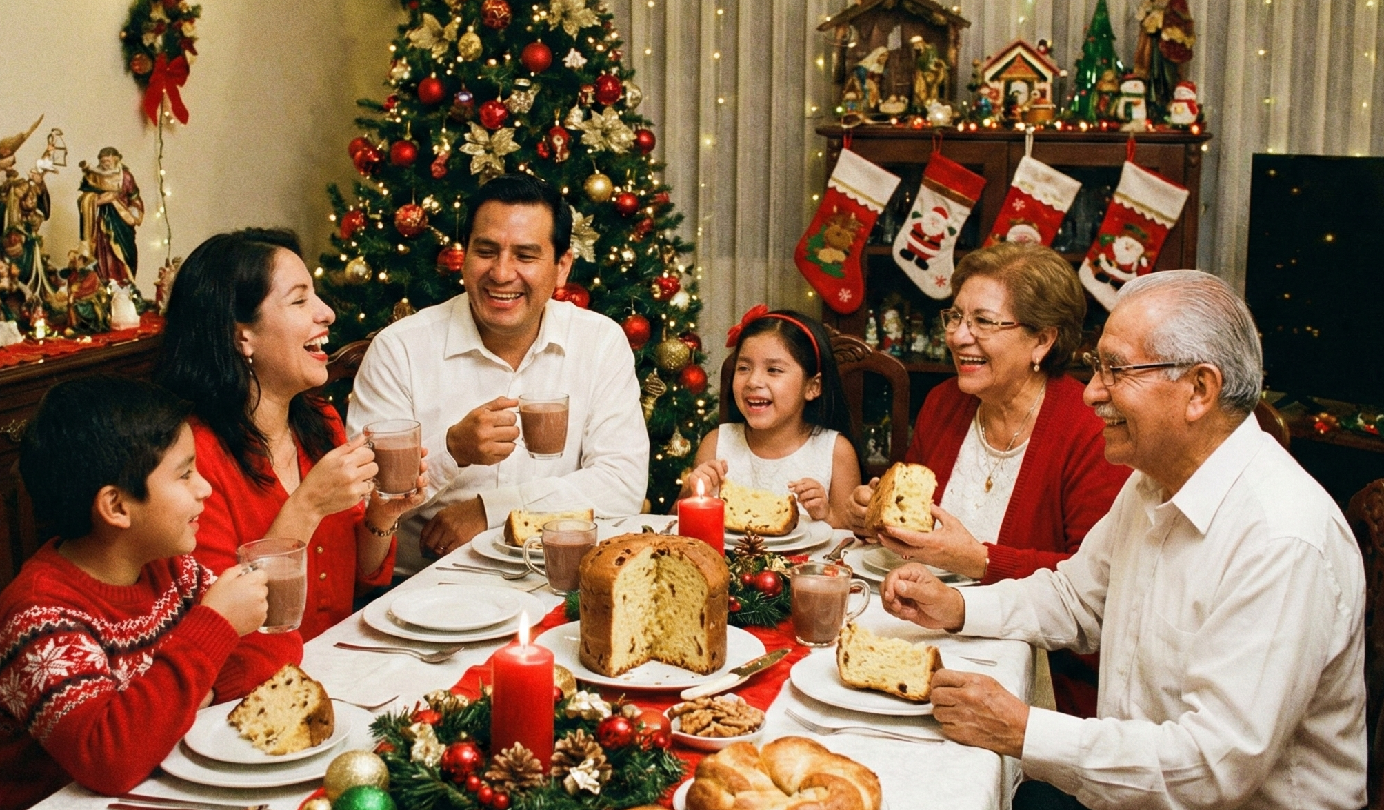 familia peruana con mama, papa, niños y abuelos reunidas en la mesa de su cena navideña riendo y tomando su chocolate caliente con su trozo de panetón cada uno