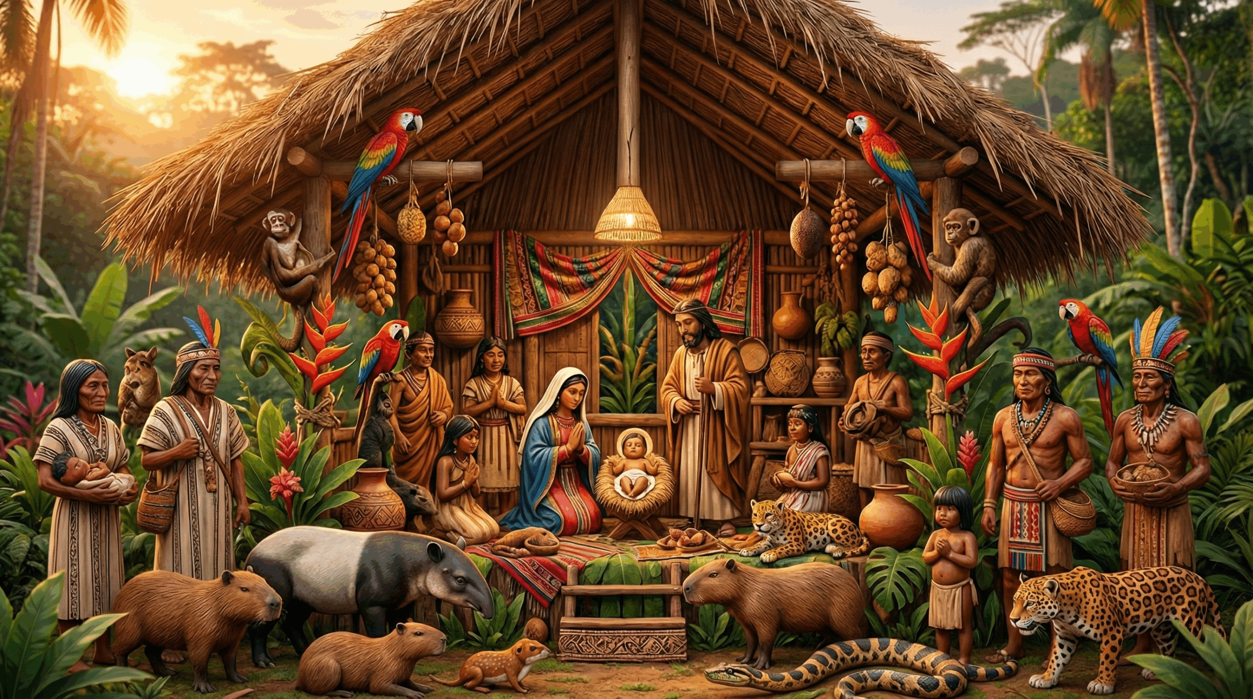 vista de un nacimiento amazónico con personas en trajes tradicionales y animales representativos de la selva peruana