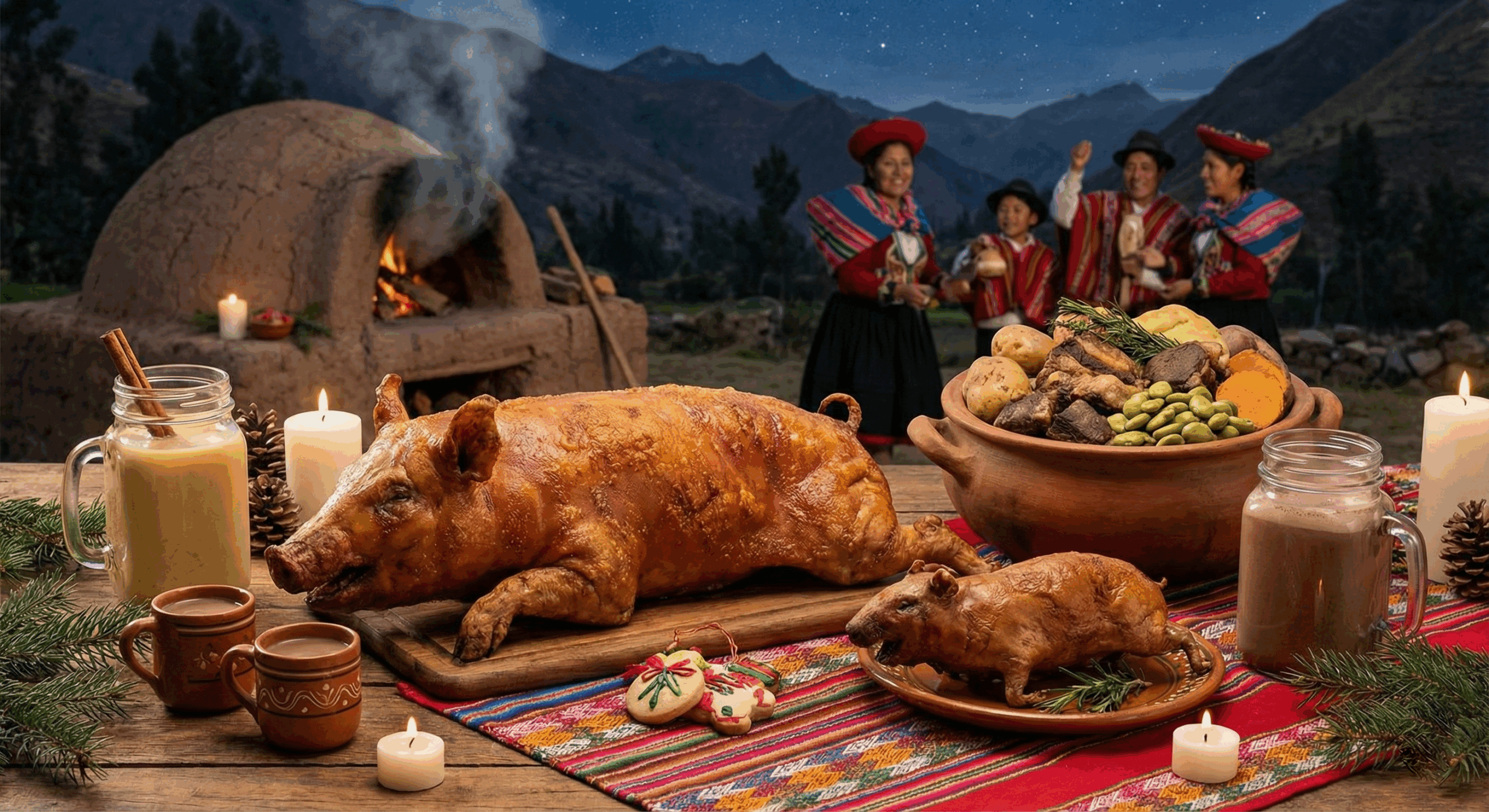 vista detalle de una cena navideña andina con familia de fondo en el campo