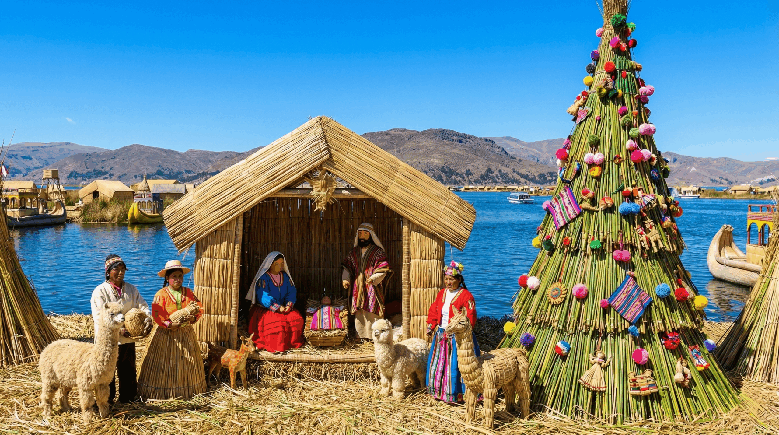 nacimiento y arbol naviño de los uros hecho con totora